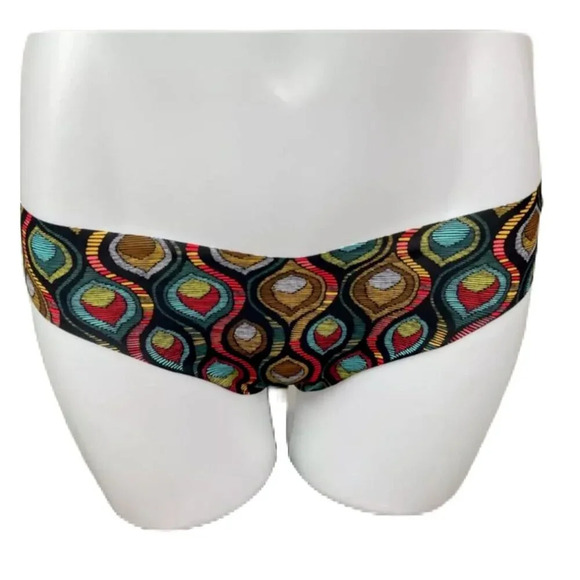 Commando M/L Tribal Peacock Multi-Color Print Laser Cut Edges Thong Panties - Picture 2 of 6